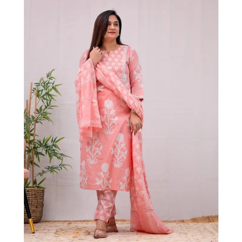 Pink Color Printed Kurta Palazzo with Dupatta Set Women Salwar Kameez Suit Kurti