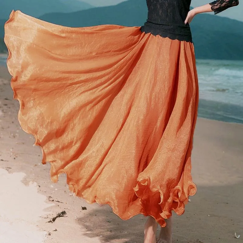Floral Long Summer Beach Chiffon Wrap Cover Up Maxi Skirt For Women Beach High Waisted Pleated Dancing Party Skirts Womens C478