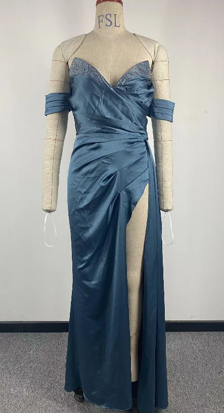 Seksowna szara niebieska Off Shoulder zroszony suknia wieczorowa z satyny syrenka dla kobiet szczelina dekolt w szpic plisowana Backless suknia wieczorowa na przyjęcie