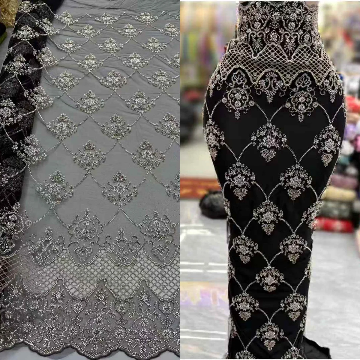 

New.Beaded lace with Sequins,2025 Beads Embroidery French Tulle Net, African Beaded Lace For Weddings, Evening Dress, Party,