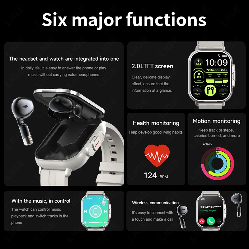 LIGE TWS 2 In 1 Smart Watch Bluetooth Headphones GPS Sports Watch Headset Call Men Health Monitor NFC Women Smartwatch Earbuds