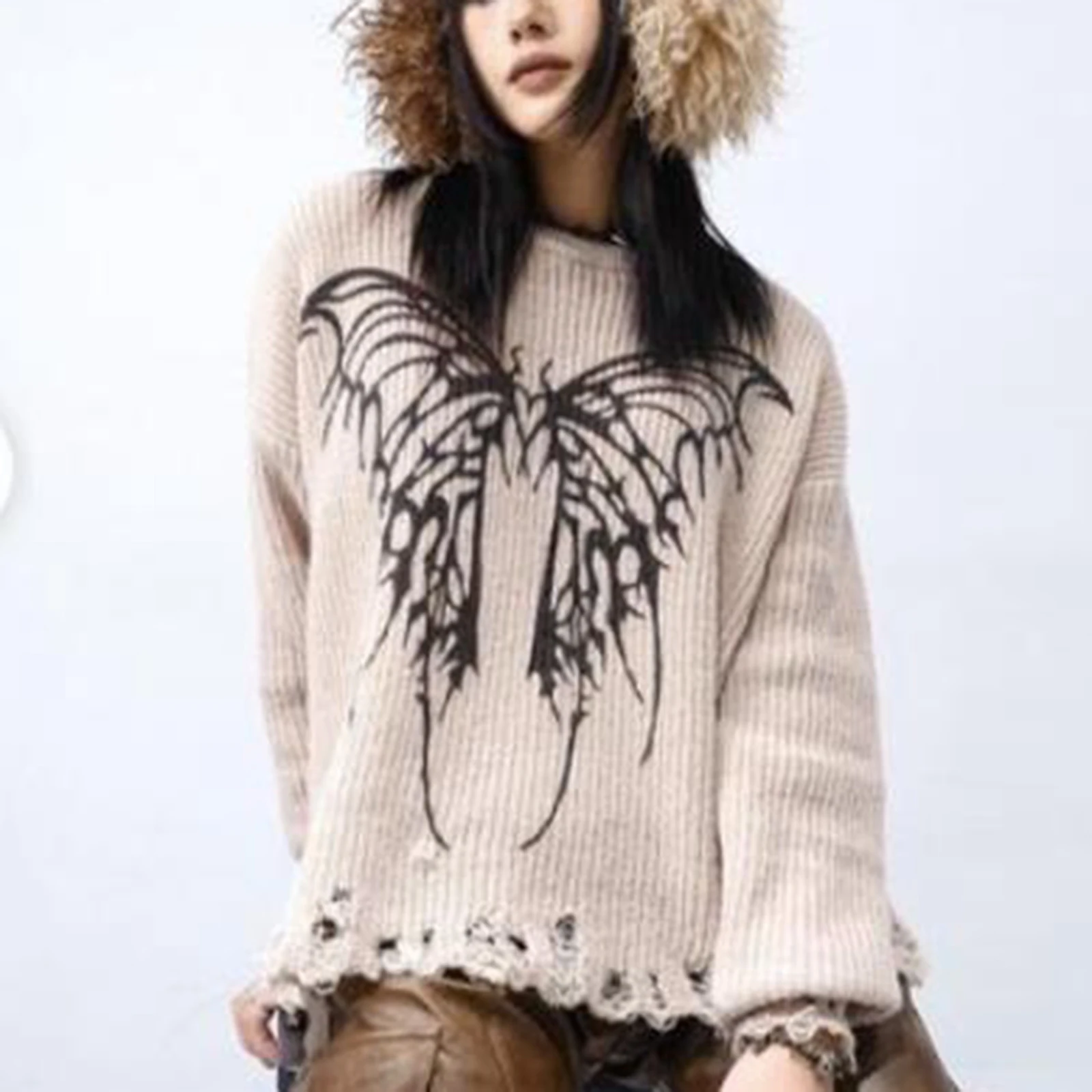 Women Knit Sweater Long Sleeve Crew Neck Butterfly Pullover Warm Sweater for Fall Winter