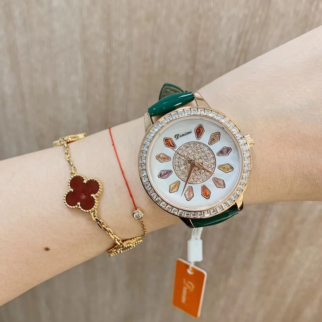 Shining Mirror Patent Leather Strap Watches Women Diamond Shaped Colorful Zircons Crystals Wrist watch Quartz Waterproof Clock