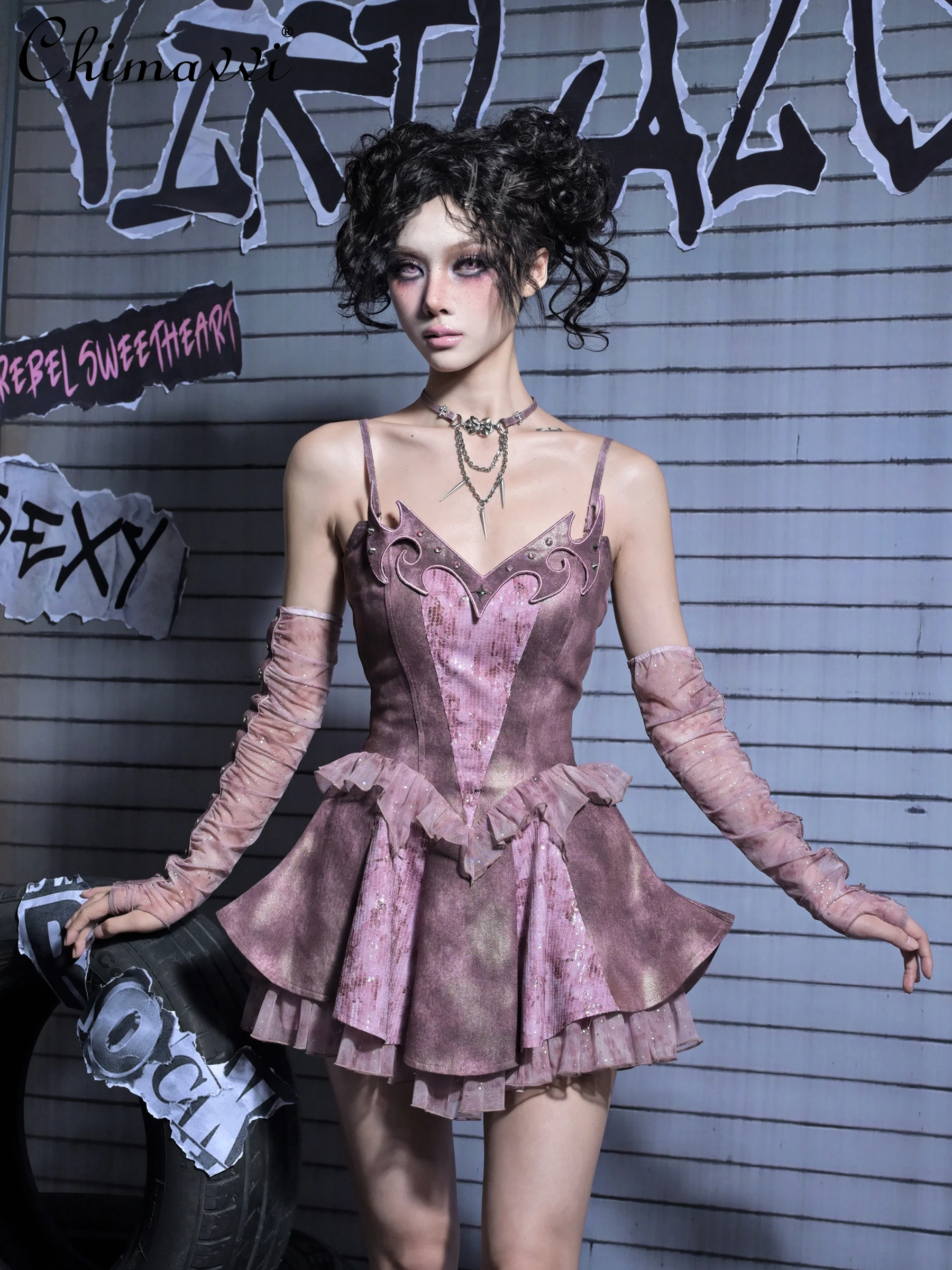

Original Design Sweet Cool Sexy Girl Punk Style Sequin Dress 2025 New Gothic Mesh Patchwork Slim Fit Elegant Short Women's Dress