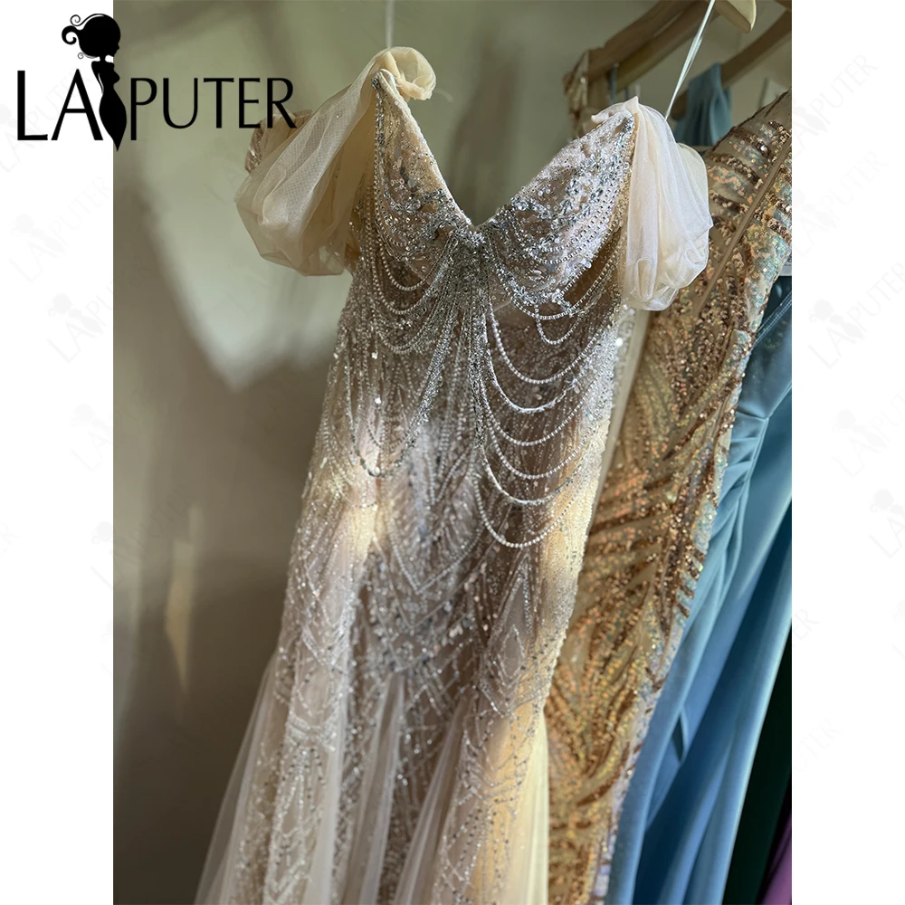 Luksusowe złote suknie wieczorowe w stylu syreny, zdobione kryształkami, z odkrytymi ramionami, sukienka na studniówkę, tiulowa spódnica, złota suknia formalna w stylu gwiazd, kolekcja 2026