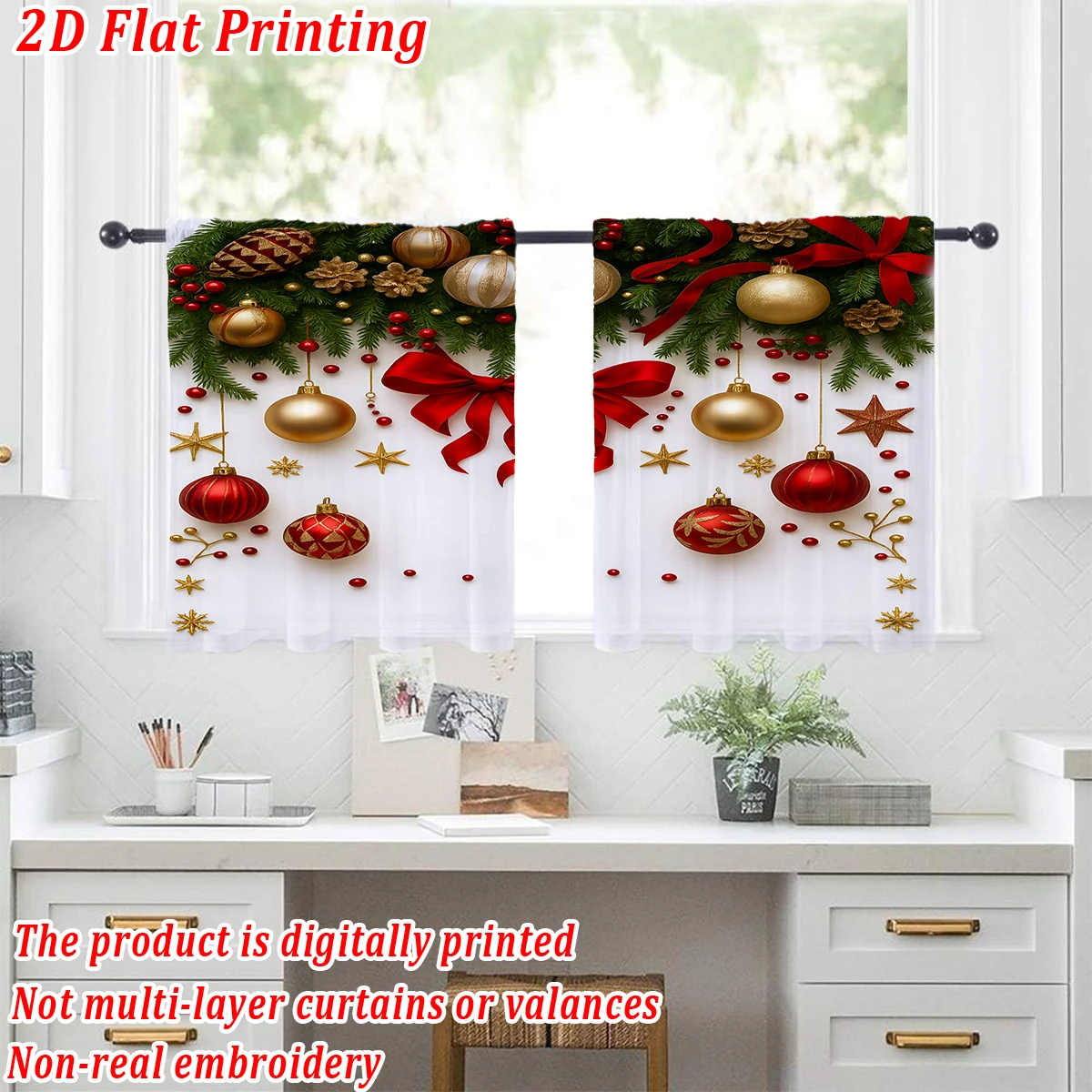 Christmas Flat Printing Kitchen Sheer Curtain with ChristmasBall Bow Pine Branch Pine Branch For Christmas Home Decor  Party