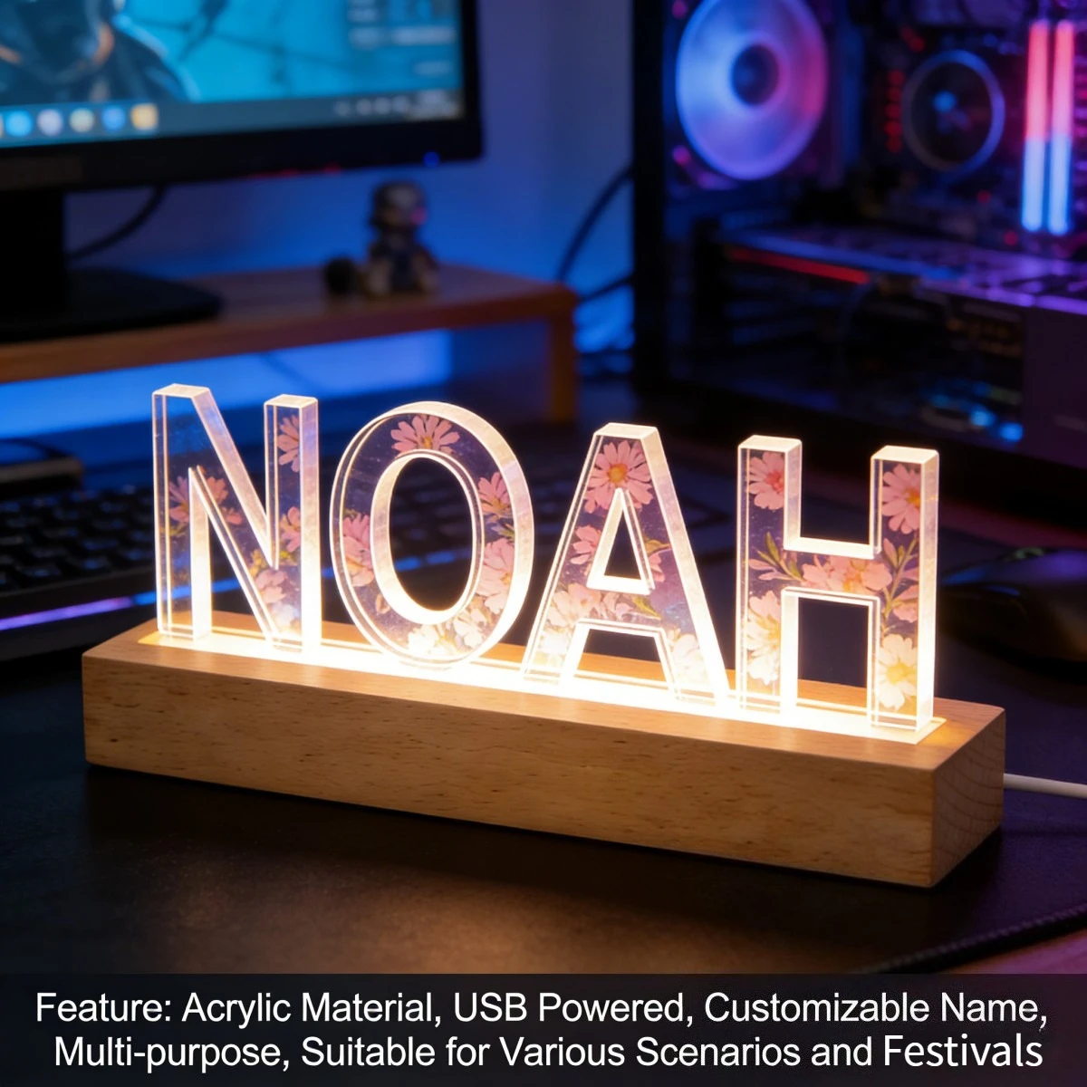 1pc Personalized Acrylic LED Night Light, Decor for Engagement, Personalized Light with Wood Base, Nursery,Birthday Gift Decor - view 2