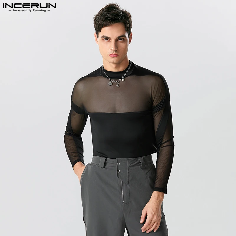 

INCERUN 2023 Sexy Thin Rompers Handsome Men's See-through Mesh Splice Bodysuits Solid Color Knitted Long Sleeve Jumpsuits S-5XL