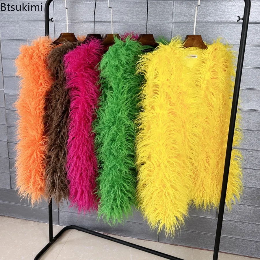 

New Autumn Winter Imitation Wool Fur Vest Coats Women's Middle Long Fluffy Colorful Warm Vest Female Sleeveless Faux Fur Jackets