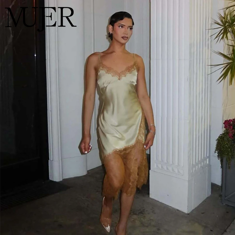 MUJER Spitzen-Slip-Midikleid für Damen, sexy, rückenfrei, Partykleider für Damen, mit Trägern, plissiert, Damen-Sommerkleid, Urlaubs-Bodycon-Kleid