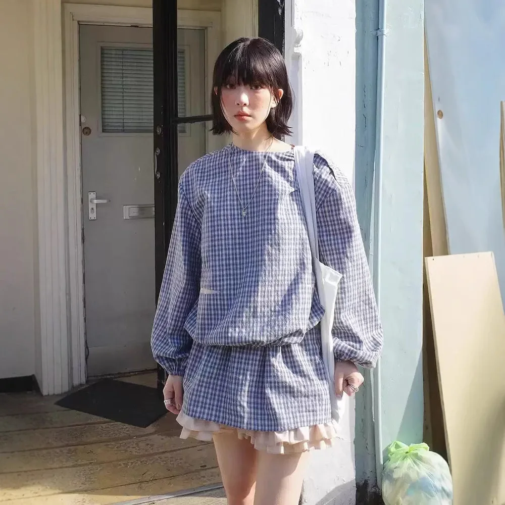 

Fletta26 Summer Plaid Bubble Sleeve Shirt Waist Cinched Short Skirt Set Blue White Grids Casual Sportswear Cotton Long Sleeve