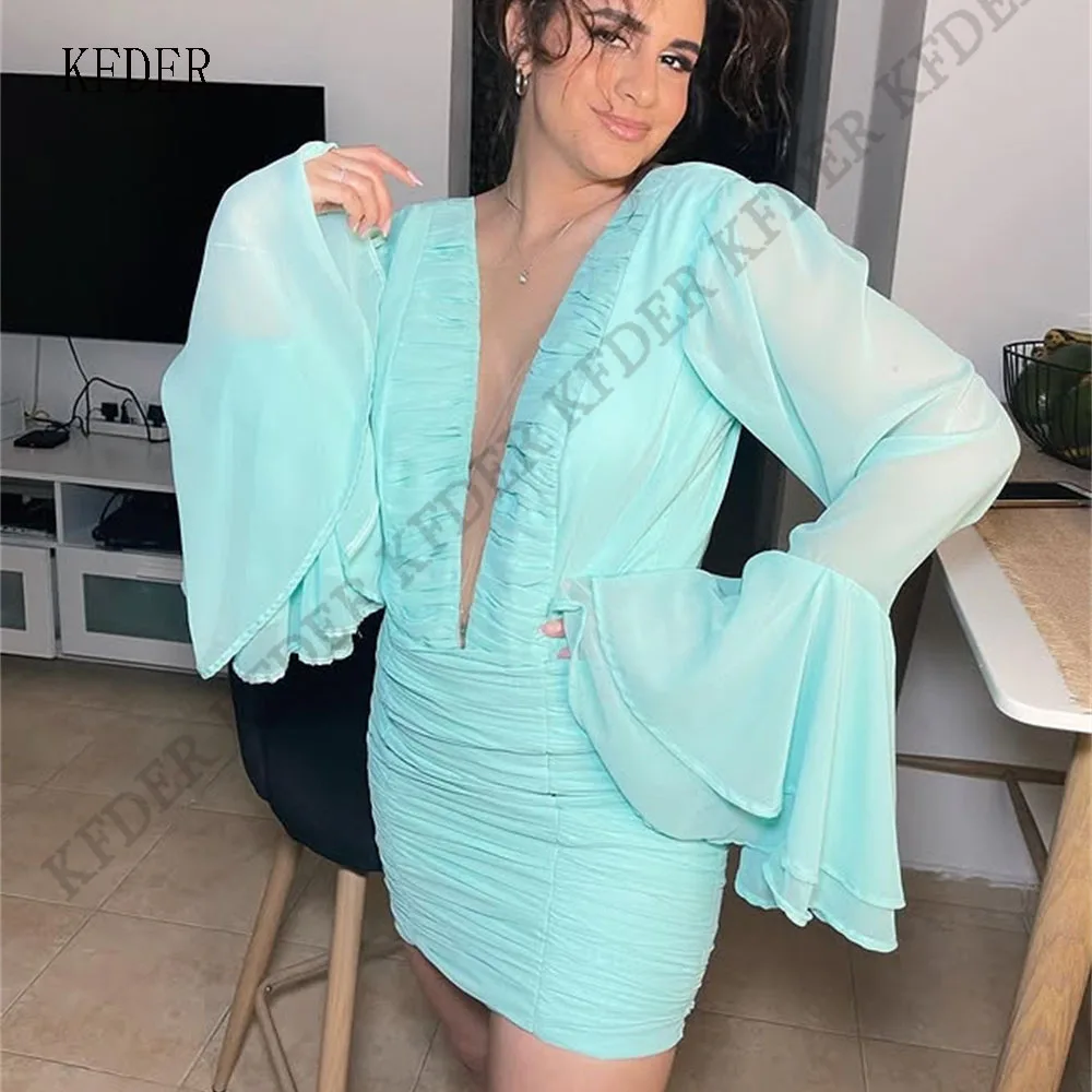 

Sky Blue Customized Prom Dress vestidos de noche Formal Evening Dress Chiffon Sheath Long Sleeves V Neck Formal Gown Women
