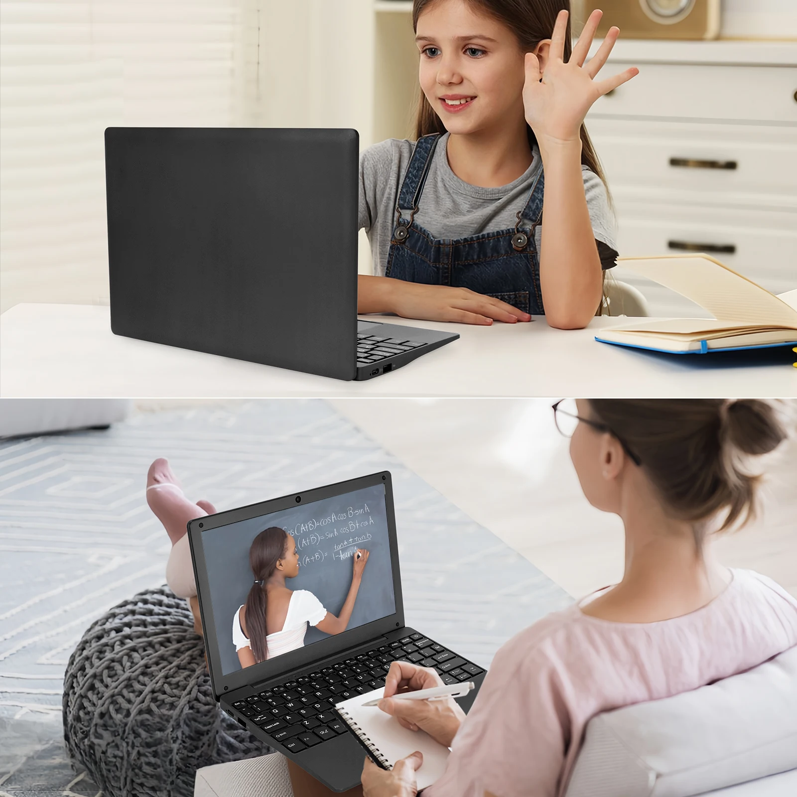Mini portátil Android 12 de 10,1 pulgadas, Allwinner A133 2GB RAM 64GB EMMC, netbook portátil con pantalla HD IPS para niños con cámara (negro)