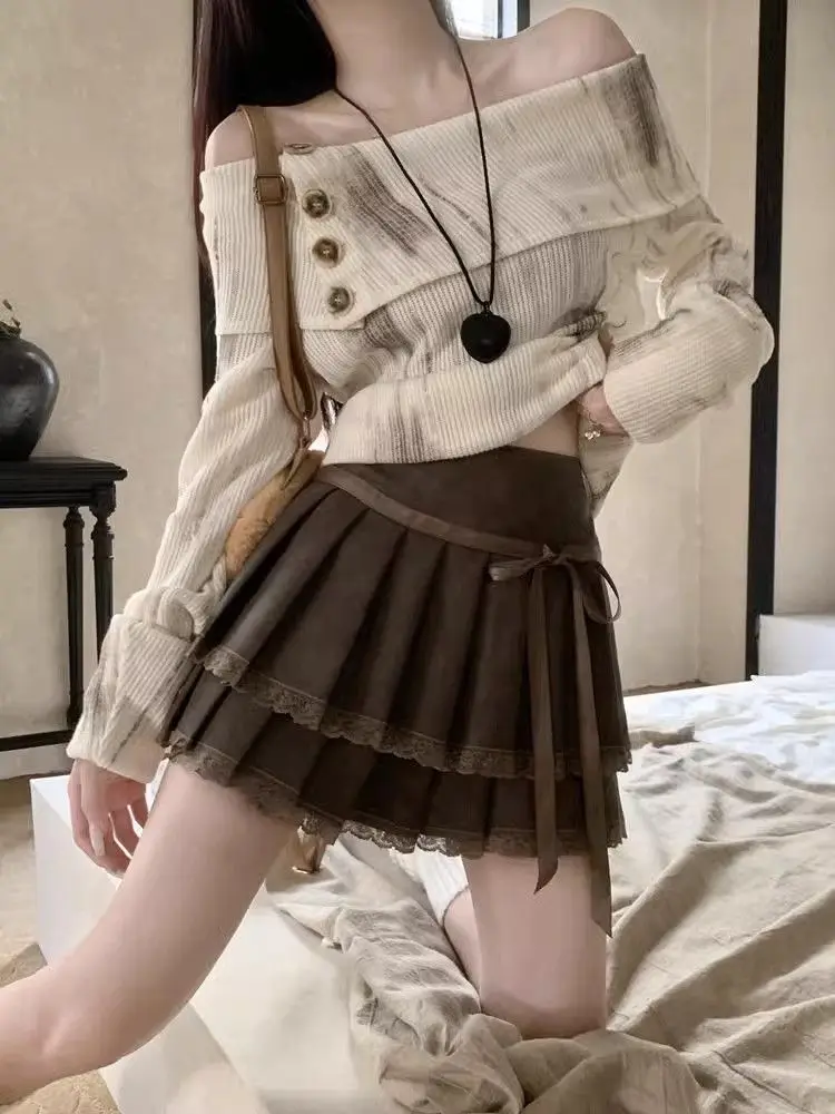 Japan Bow Tie Waist Waist Commuting Skirt Women'S Sweet Spring And Summer New Lace Edge Slimming Pleated Short Skirt