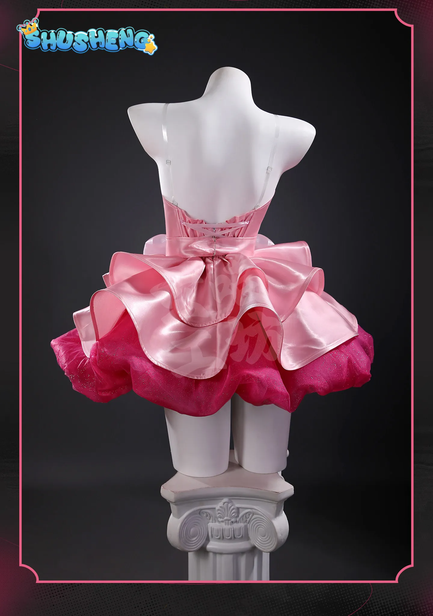 Alien Stage Zombie State Mizi Cosplay Costume Woman Pink Mini Dress Cute Big Bow Glitter Ruffle Skirt Idol Stage Outfit Full Set view 3