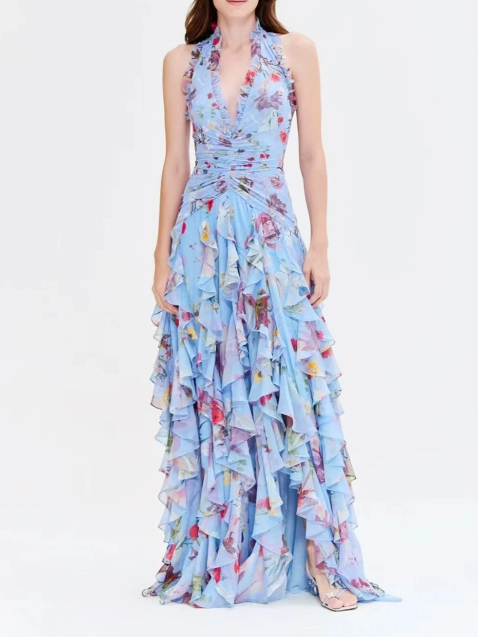 

2025 Spring and Summer New V-neck Retro Print Waisted Ruffled Maxi Dress Vest Dress-GZXX144