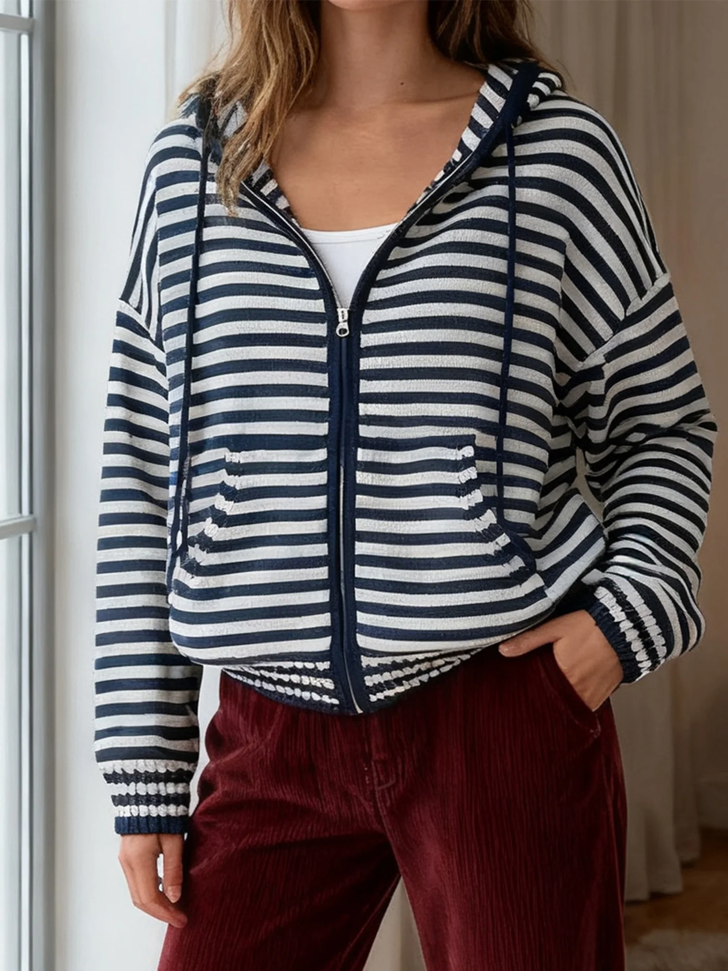 

Женская весенне-осенняя толстовка с капюшоном и длинным рукавом на молнии, полосатая толстовка с завязками