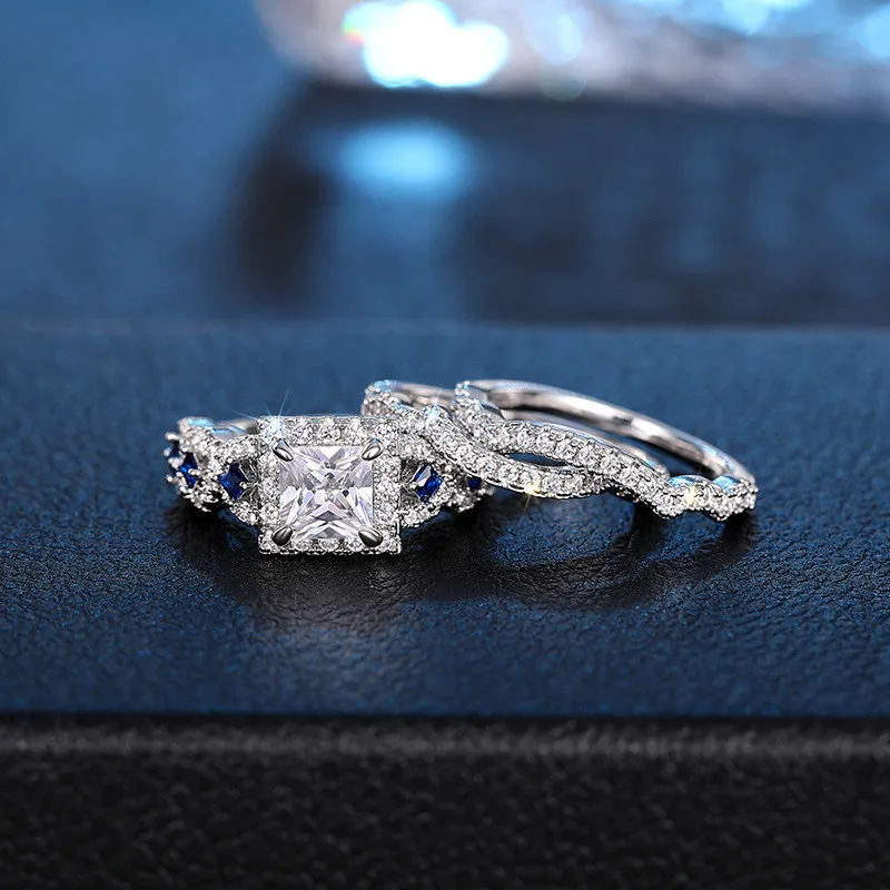 3 pz/set 925 anelli in argento sterling taglio principessa blu CZ set di gioielli per feste di fidanzamento di nozze di lusso per le donne accessorio di moda