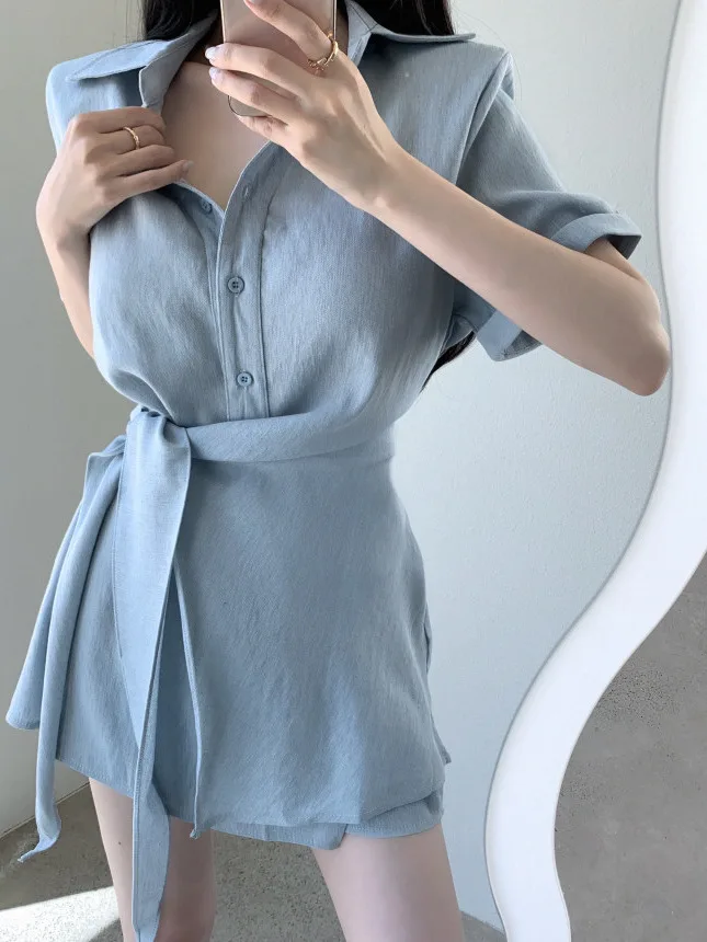 

High Waist Wide Leg ort Pants Women's irt Waist Cinching Summer New Design Asymmetrical Belted Top Bot Set