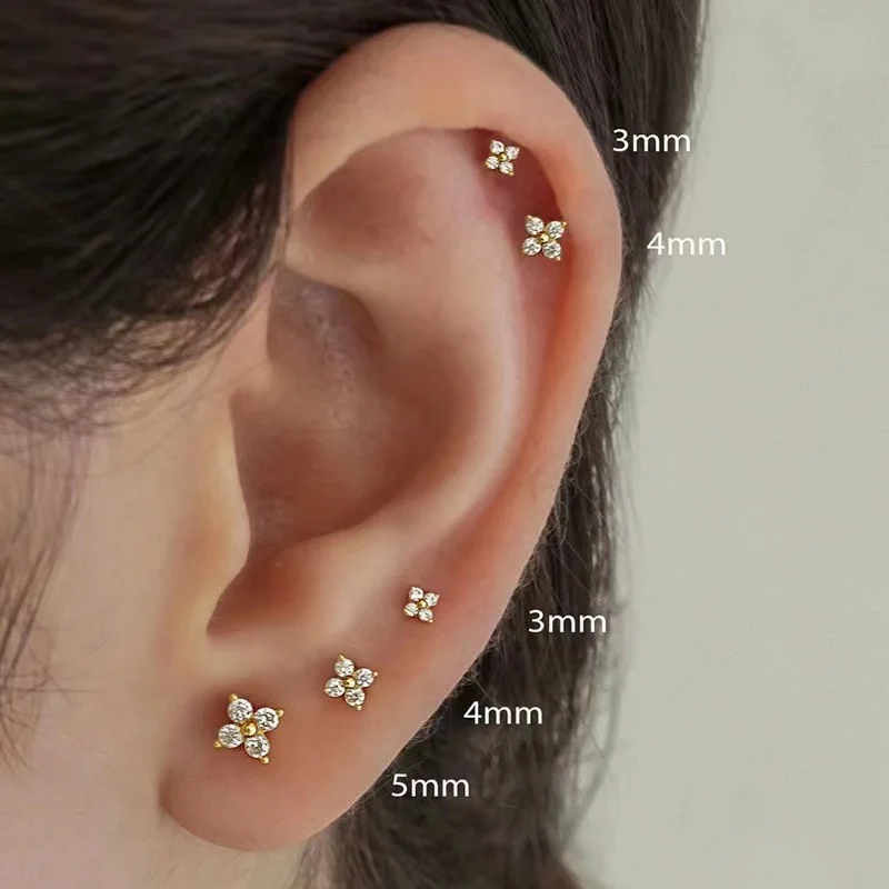 Romantic 3pcs/Sale Simple Hypoallergenic Small Zircon Mini Flower Titanium Stud Earrings Women Dazzling Piercing Party Jewelry