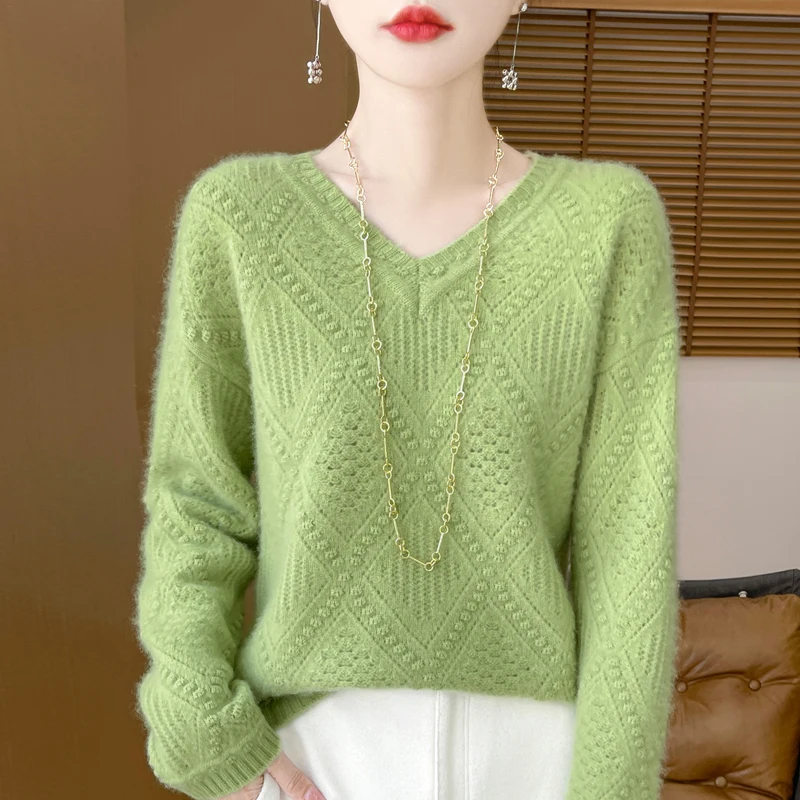 Fall/Winter 2024 new sweater 100% pure wool women\'s V-neck loose sweater long sleeve fashion knit pullover