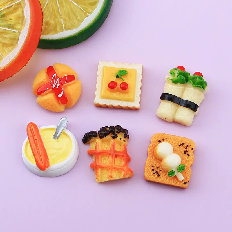 Resin Simulated Foods Cabochons Flatback 10pcs New Sweet Cake Cookies Bread Sushi Flat Back Embellishments for Scrapbooking DIY