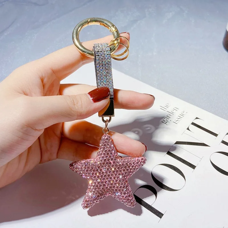 Creative full diamond five pointed star keychain with double-sided clay inlaid diamond bag pendant, couple keychain