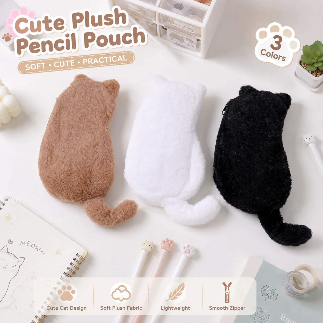 Cute Back View Cat Plush Pencil Pouch Soft Fluffy Fabric Zipper Stationery Bag for Teen Girls Students School Daily Storage