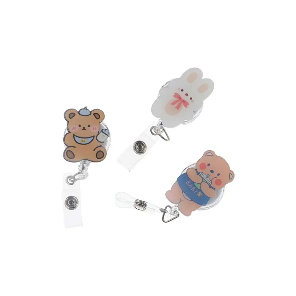 Cute Bear Retractable Badge Reel Chest Card Name Tag ID Card Clips Work Card Clip Cartoon Easy Pull Buckle Hospital Use