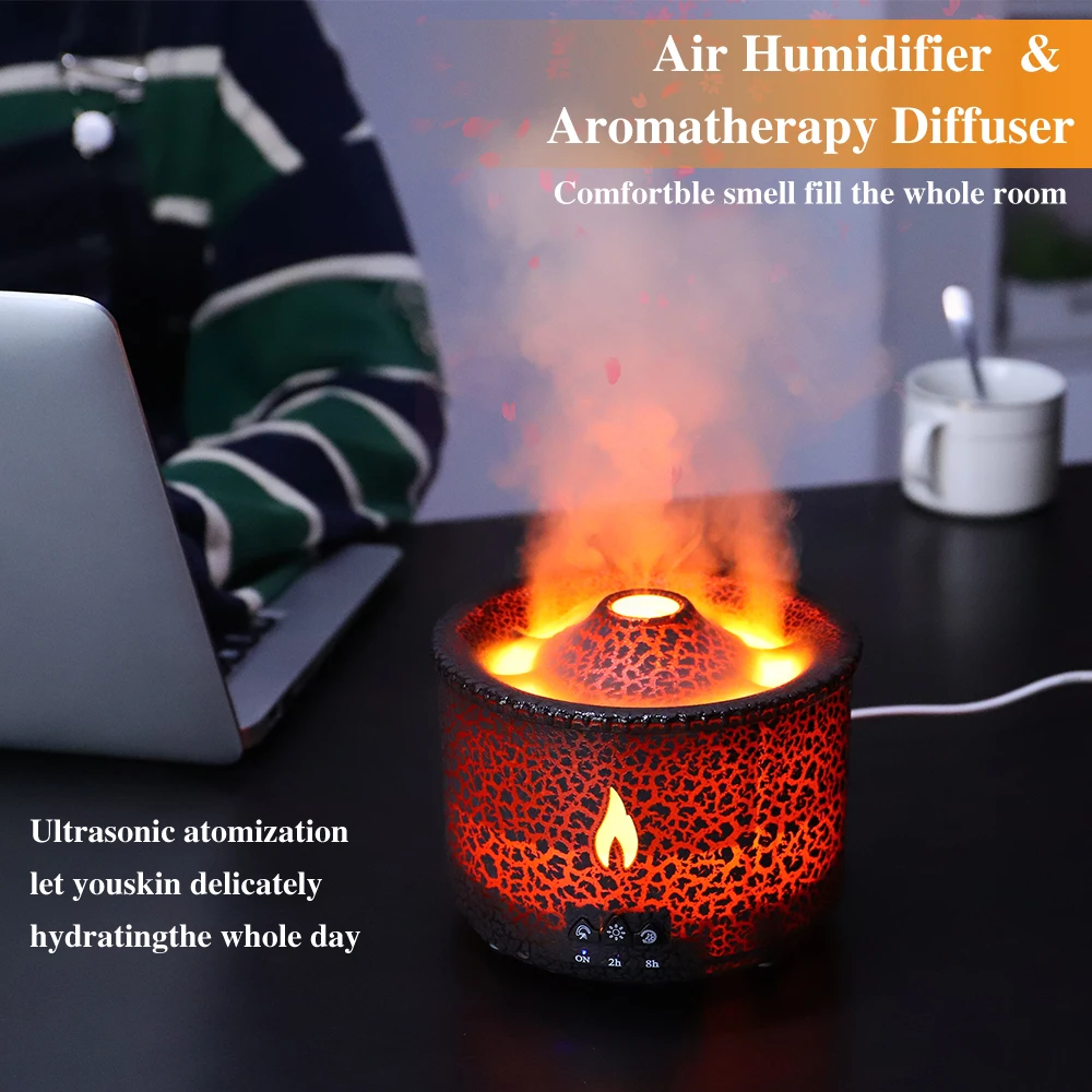 Volcano Fire Flame Air Humidifier Aroma Diffuser Essential Oil with Remote Control Jellyfish for Home Fragrance Mist Mak Smoking