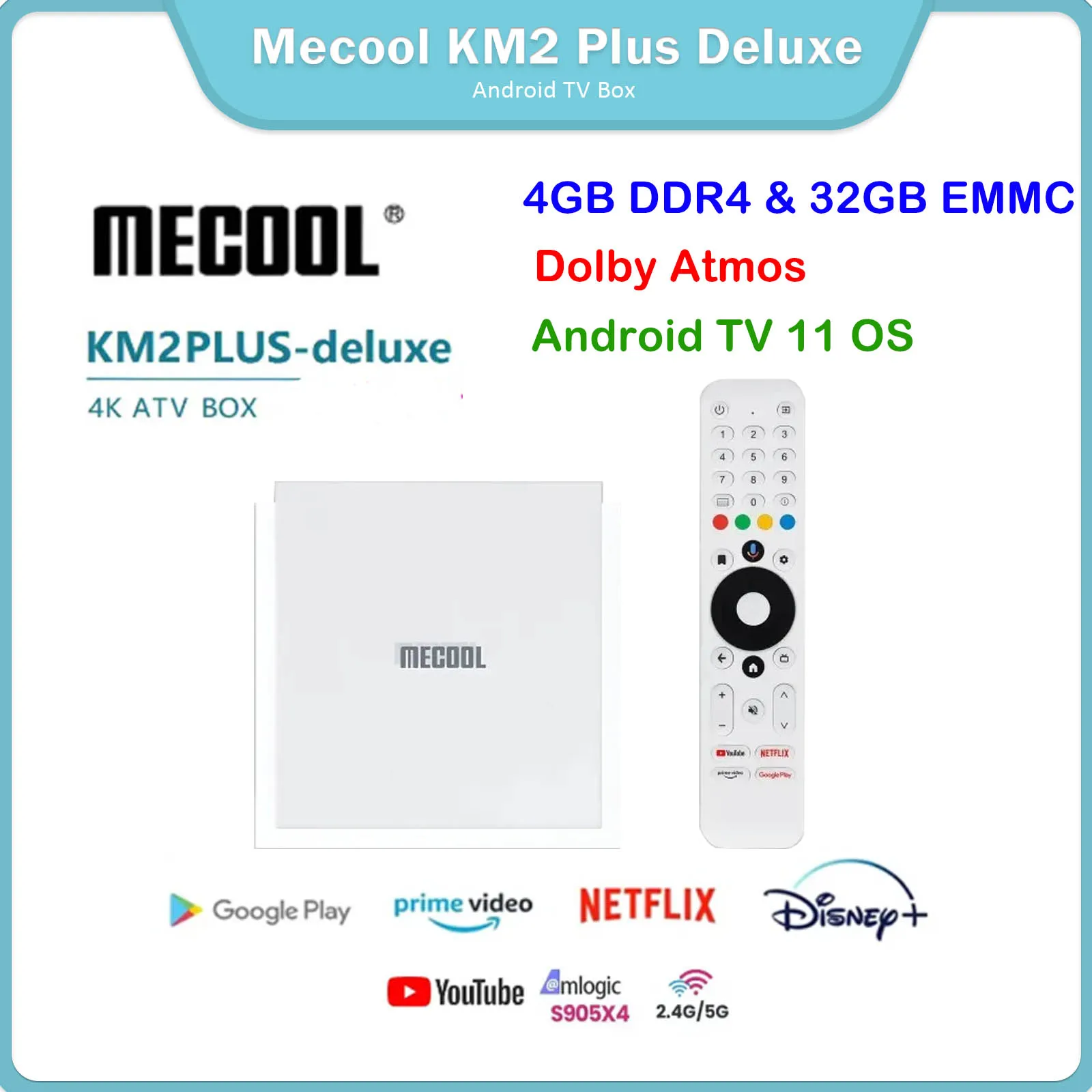 Genuine 2024 Mecool KM2 Plus Deluxe 4GB DDR4 32GB Android 11 Google Certified Netflix 4K ATV BOX WiFi 6 Dolby Atmos Audio TV BOX