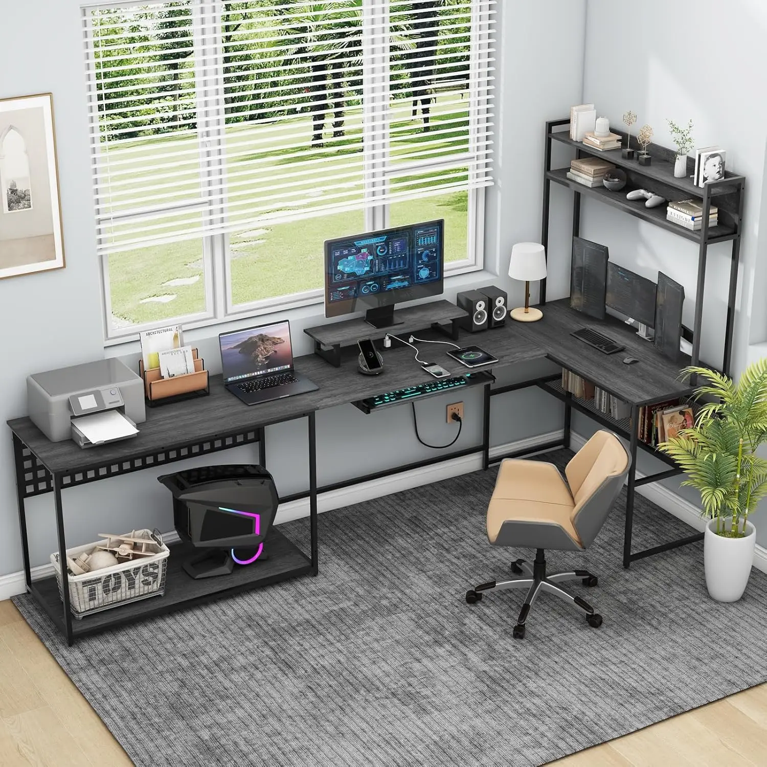 83 Inches U Shaped Desk with Power Outlet, L Shaped Office Desk with LED Lights and Monitor Stand, Reversible L-Shaped Computer