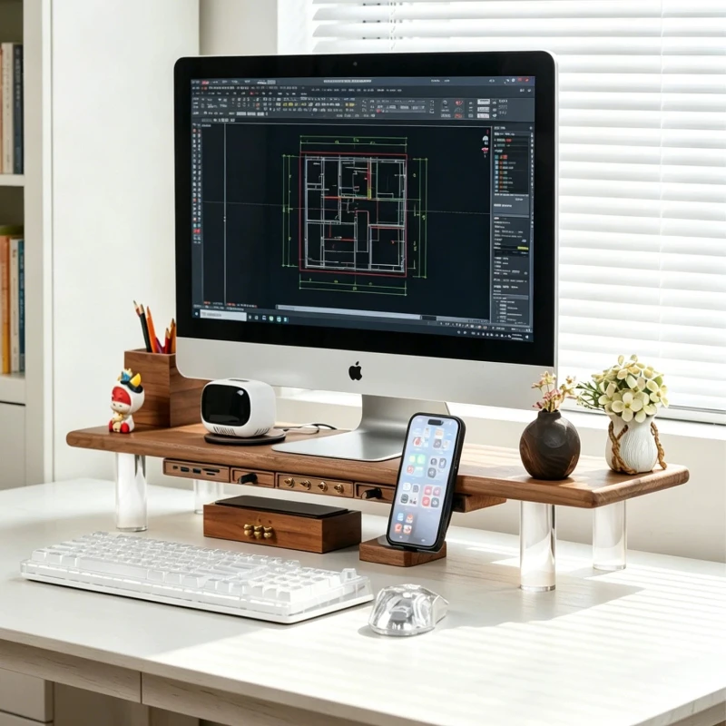 Black Walnut Modular Monitor Stand Ergonomic Computer Riser Shelf Fast Charging Dock Accessories Desktop Organizer for Office