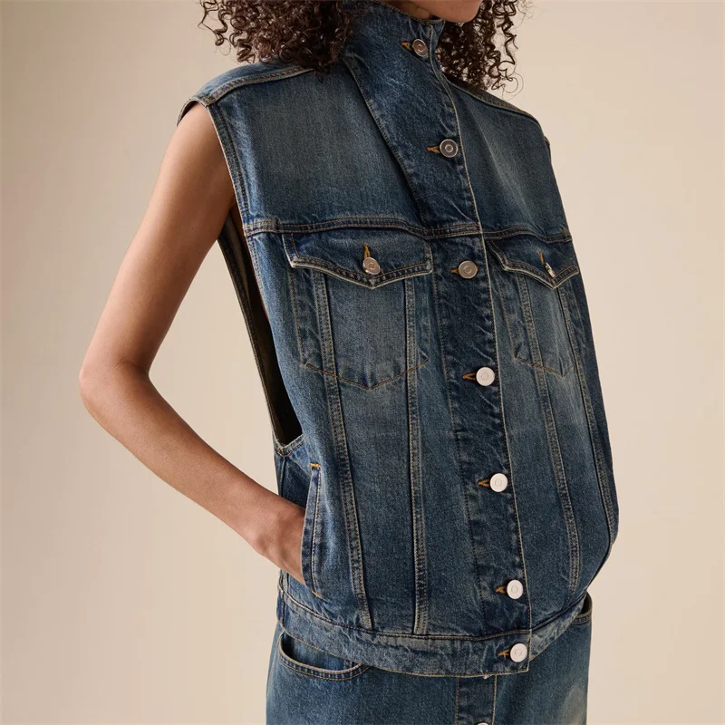 

Women's jacket New single breasted slim fit stand up collar sleeveless top for summer 2025 Retro washed denim vest cotton coat