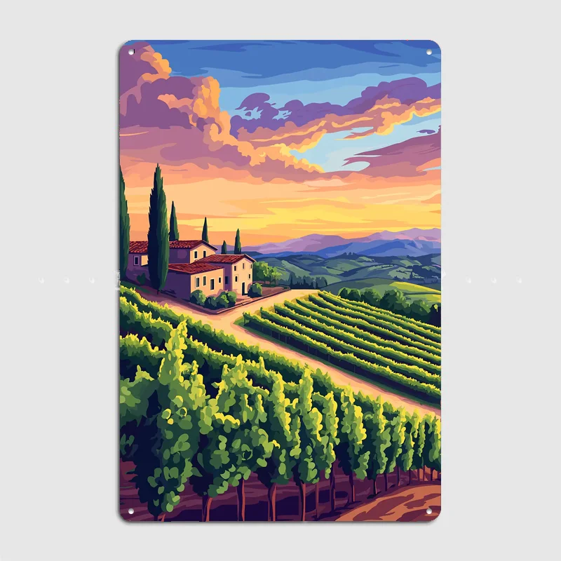 Tuscan Vineyard Landscape at Sunset Metal Custom Sign Living Room Wall Indoor Decor Room Decoration Bedroom Posters Home Decor