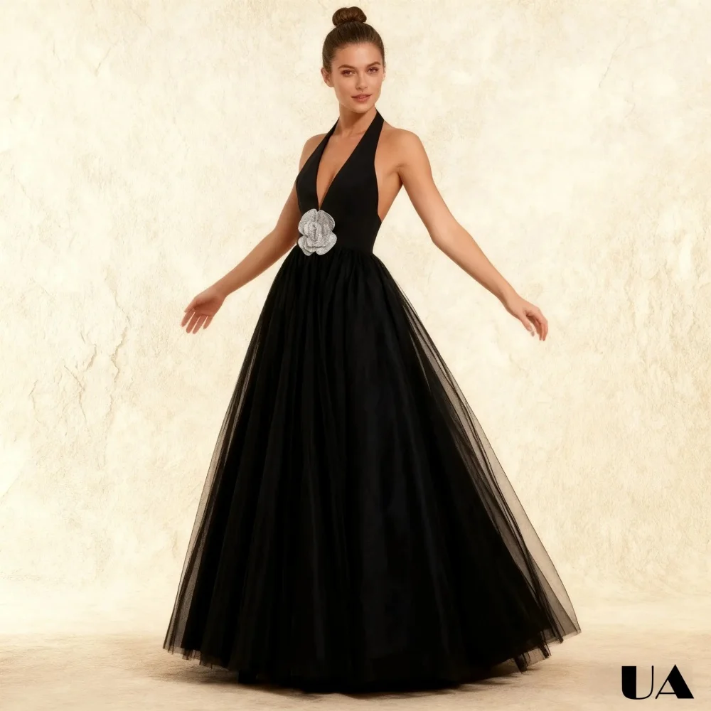 

Black Mesh V-neck Prom Dress, Tailored Size A-line Halter Evening Dresses, Modern Rhinestone Flower Customized Party Gown
