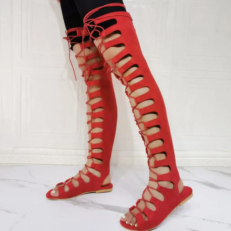 Drop Shipping Red Black Suede Cross Tied Lace Up Flat Over The Knee Sandals Boots Women Open Toe Slingback Leisure Long Boots