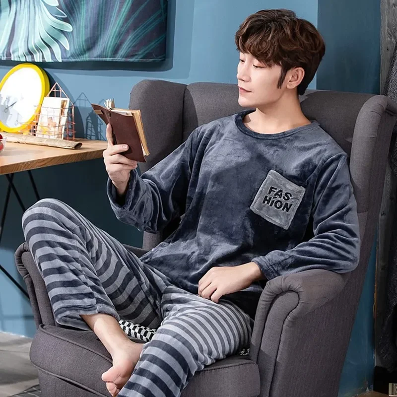 Men's Flannel Pajama Sets Autumn Winter Pyjamas Casual Sleepwear Thick Warm Homewear 2PCS Sets Male Coral Velvet Soft Lounge Set