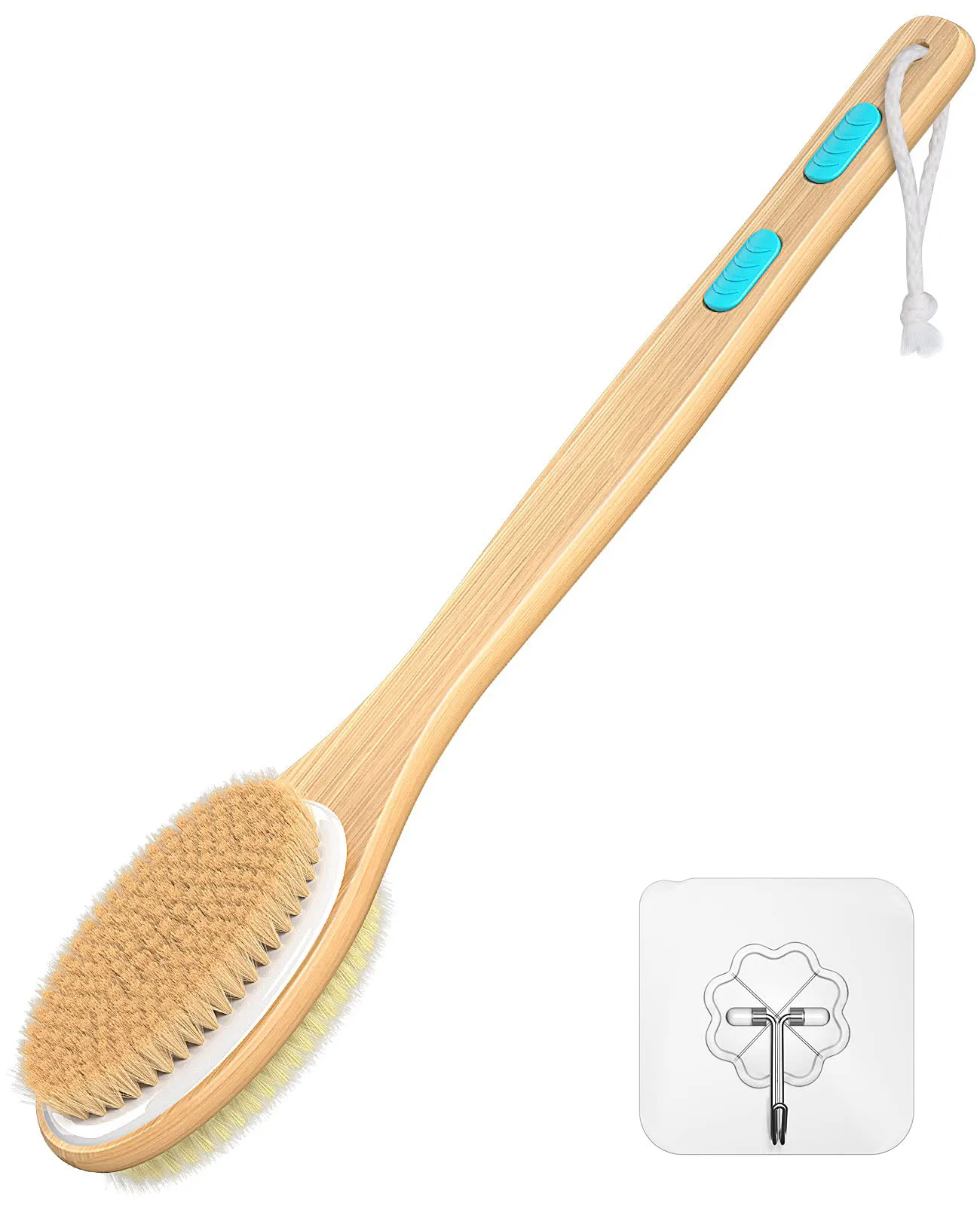 Bamboo Shower Brush with Soft and Stiff Bristles, Bath Dual-Sided Long Handle, Back Scrubber, Body Exfoliator, Wet or Dry Brush