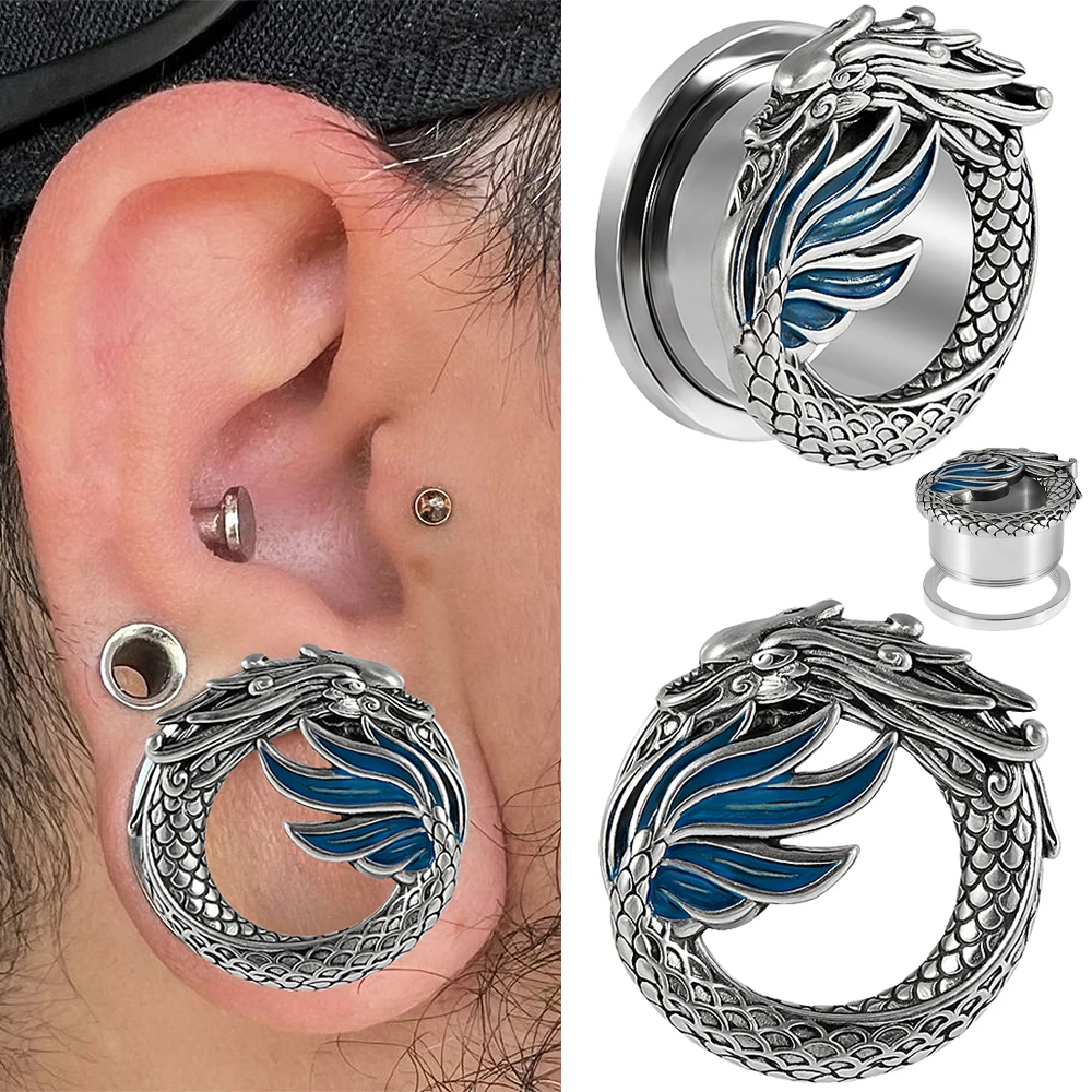 1-2 قطعة خمر الصينية التنين الأذن الأنفاق والمقابس المتوسع الوزن الأذن مقاييس نقالات القرط الفولاذ المقاوم للصدأ ثقب المجوهرات #1