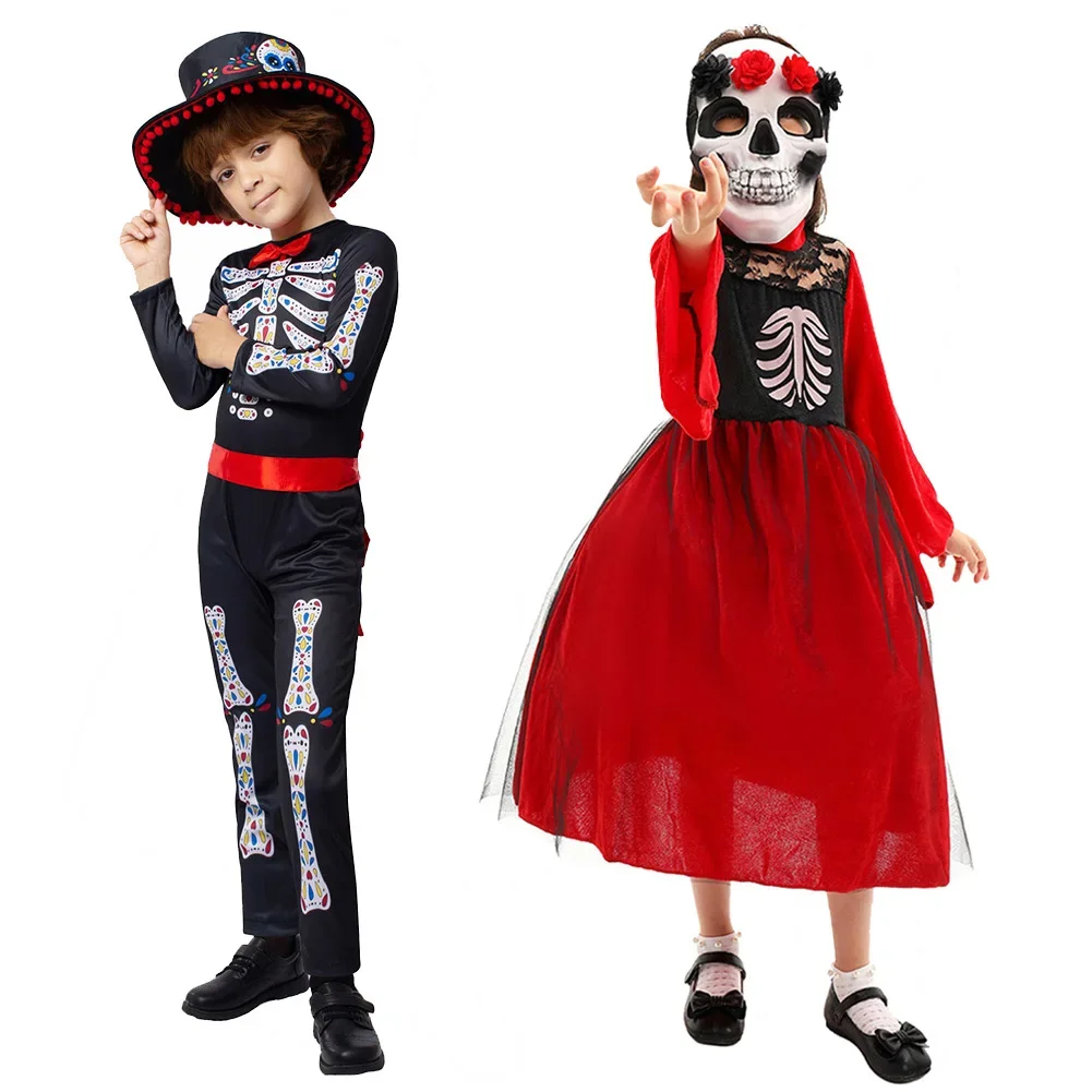 Horror Skull Ghost Cosplay Fantasy Child Boys Girls Clothing Day Of The Dead Scary Costume Disguise Kid Roleplay Fantasia Outfit