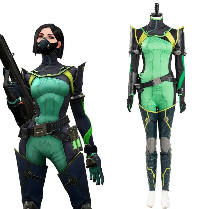 Jogo Valorant Viper Cosplay Traje para Mulheres, Macacão, Jaqueta, Calças, Luvas, Máscara, Conjunto Completo, Roupas de Halloween, Trajes de Carnaval