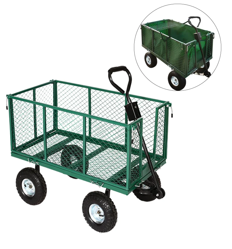 Metal Structure Garden Carts 4 Wheels Mesh Green Hand Truck