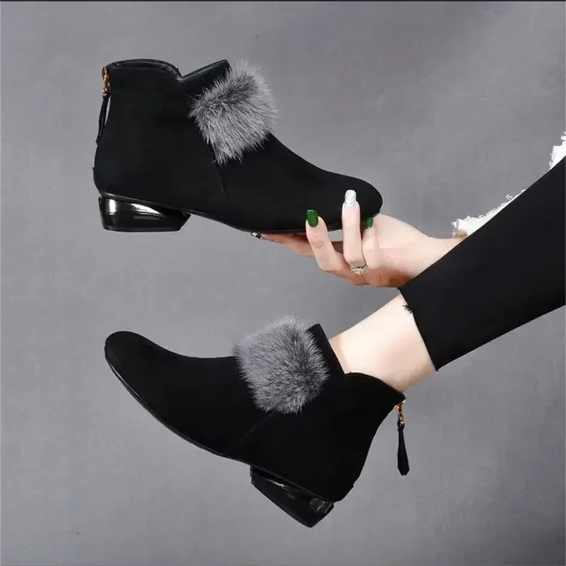 Shoes for Women 2024 Winter Plush Warm Women\'s Boots Low Heel Non-slip Commuter Office Ladies Shoes Fashion Zipper Short Boots