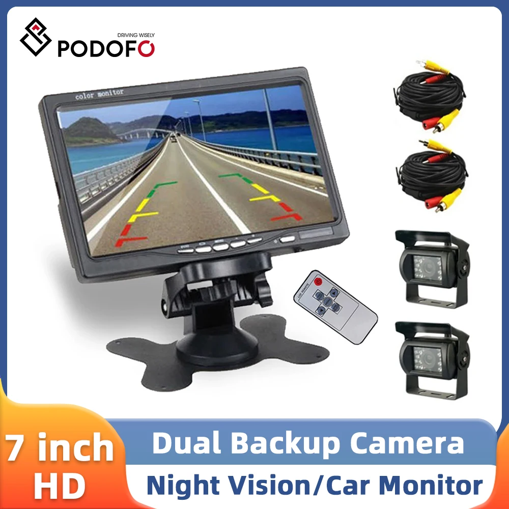 Podofo 7'' LCD Car Monitor Dual Backup Cameras Dashboard Night Vision Rearview Reverse Camera Car Rear View Monitor For Truck