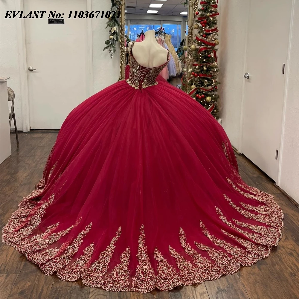 EVLAST Luxury Red Quinnceanera Dress Ball Gown Silver Lace Applique corsetto di cristallo con perline Sweet 16 Vestidos De 15 Anos SQ676