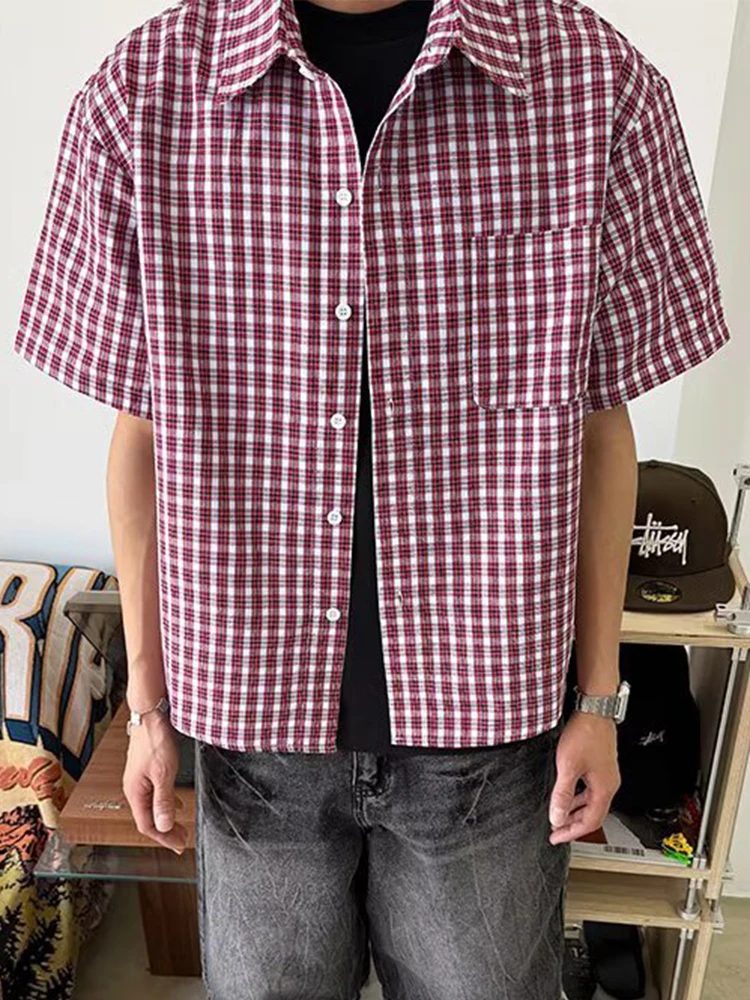 

Trendy Mens Short Sleeve Shirt Tops 2026 Spring Summer Vintage Plaid Printing Shirts Men Casual Button-up Turn-down Collar Shirt
