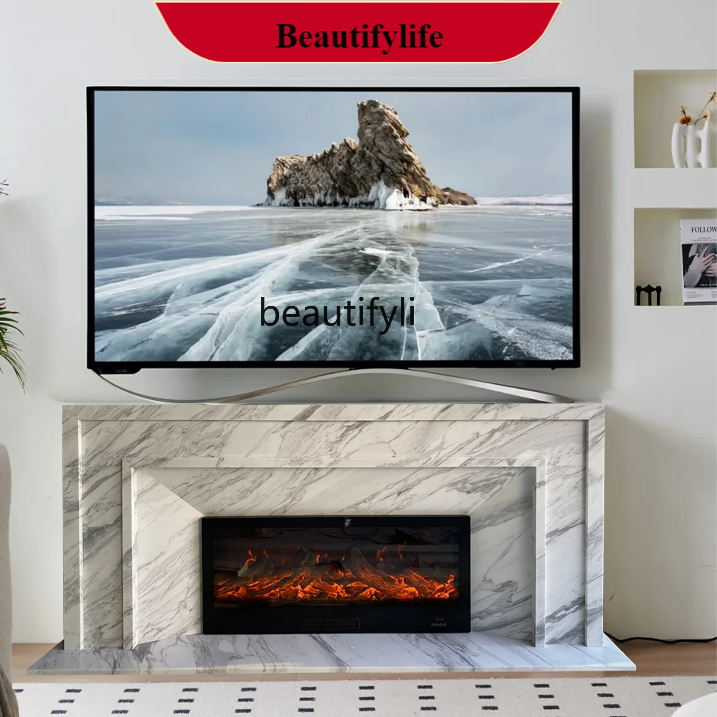D071  Marble French TV cabinet fireplace living room light luxury background wall stone carving