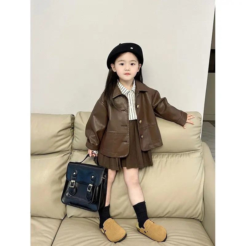 Autumn Spring  Winter Vintage Fur Coat Girl Stripe Shirt+Pleated Short Skirt 3Pcs  Set Kids Jackets Princess Children Outfits