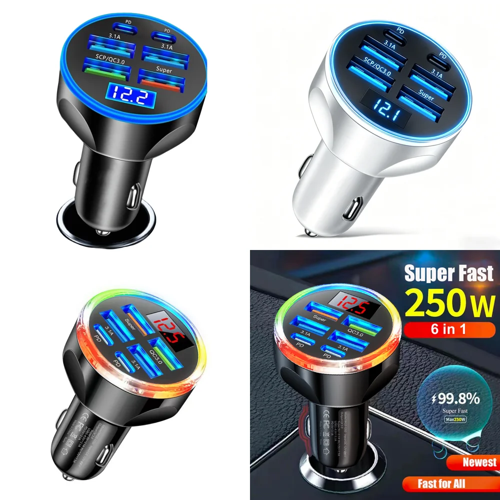 Trending Multi Port Car Charger Adapter USB Type C Super Fast Charge 6 in 1 for iPhone iPad Samsung Dropshipping Products
